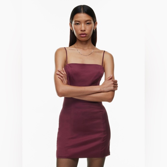 Sunday Best Shimmer Satin Square Neck 90s Style Mini Dress in Spiced Burgundy - Picture 3 of 17